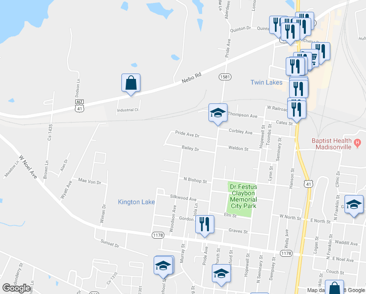 map of restaurants, bars, coffee shops, grocery stores, and more near 798 Woodson Avenue in Madisonville