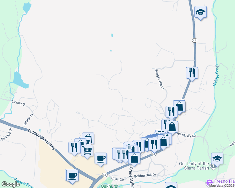 map of restaurants, bars, coffee shops, grocery stores, and more near 40740 Road 425A in Oakhurst