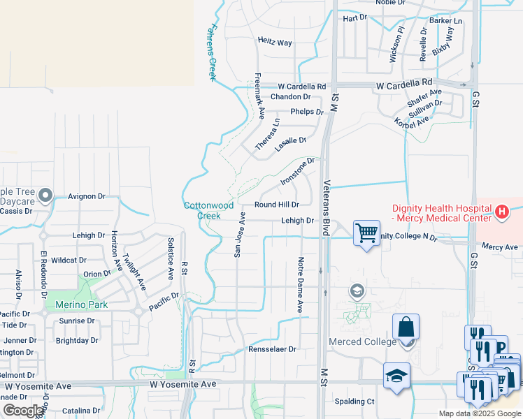 map of restaurants, bars, coffee shops, grocery stores, and more near 781 Round Hill Drive in Merced
