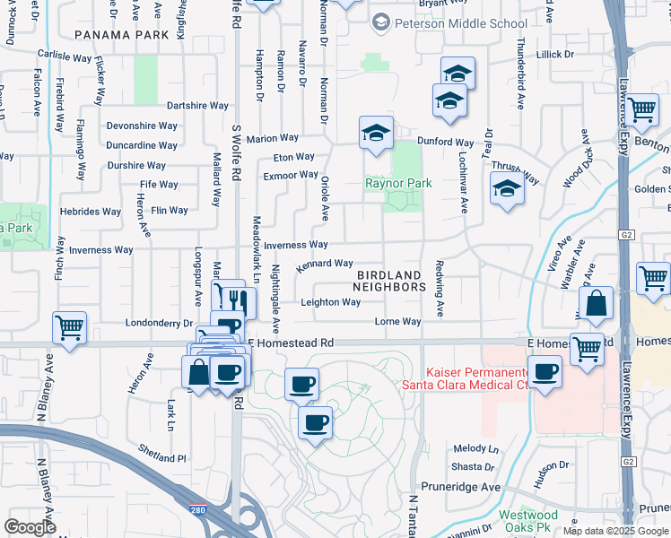 map of restaurants, bars, coffee shops, grocery stores, and more near 940 Kennard Way in Sunnyvale