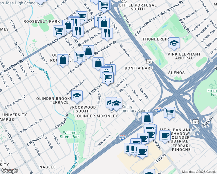 map of restaurants, bars, coffee shops, grocery stores, and more near 515 Mc Laughlin Avenue in San Jose