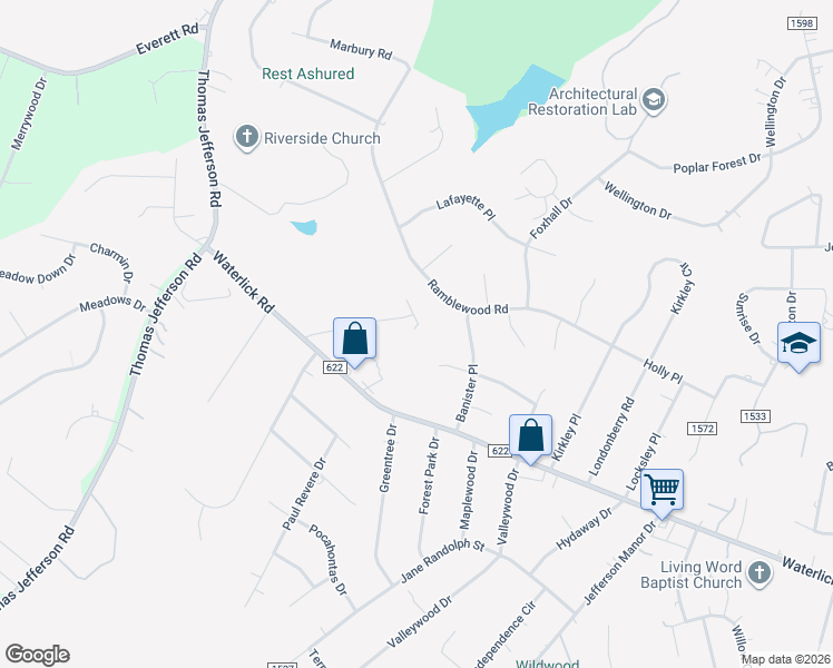 map of restaurants, bars, coffee shops, grocery stores, and more near 1008 Westwood Drive in Forest