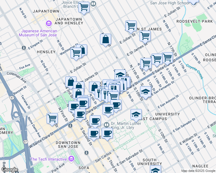 map of restaurants, bars, coffee shops, grocery stores, and more near 88 North 7th Street in San Jose