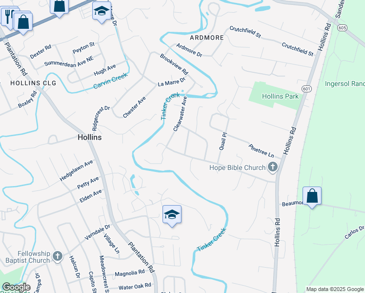 map of restaurants, bars, coffee shops, grocery stores, and more near 714 Goodland Avenue in Hollins