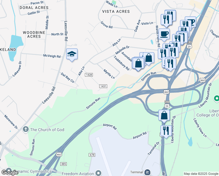 map of restaurants, bars, coffee shops, grocery stores, and more near 25 Edgewood Court in Lynchburg