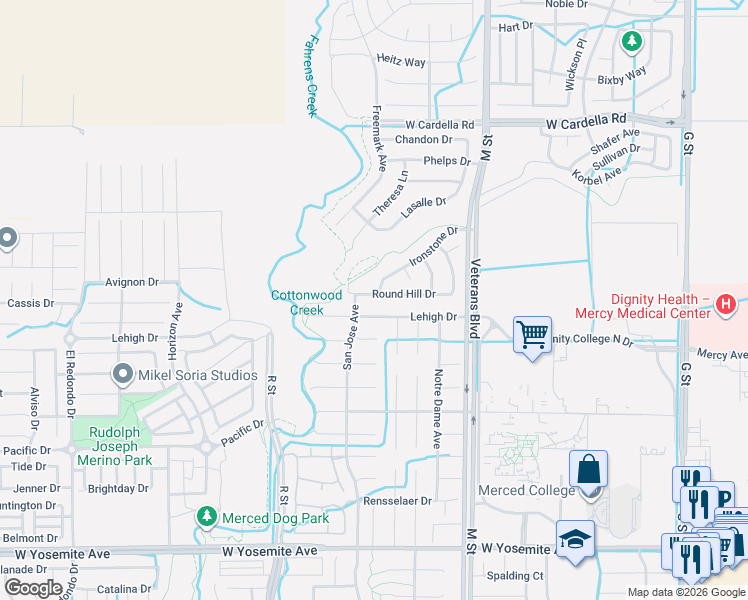 map of restaurants, bars, coffee shops, grocery stores, and more near 826 Round Hill Drive in Merced