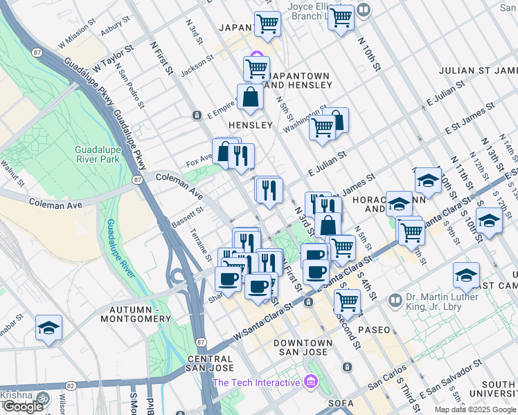 map of restaurants, bars, coffee shops, grocery stores, and more near 45 East Julian Street in San Jose