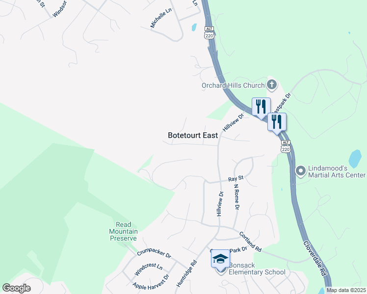 map of restaurants, bars, coffee shops, grocery stores, and more near 163 Chivas Drive in Roanoke
