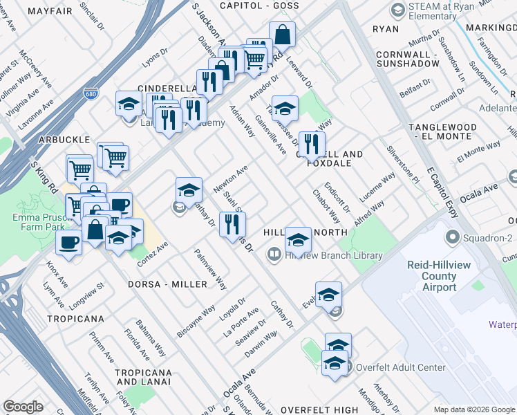 map of restaurants, bars, coffee shops, grocery stores, and more near 1438 Norvella Street in San Jose