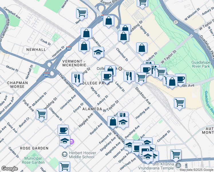 map of restaurants, bars, coffee shops, grocery stores, and more near 846 Emory Street in San Jose