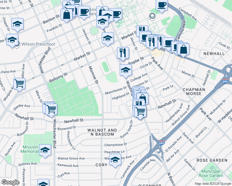 map of restaurants, bars, coffee shops, grocery stores, and more near 1106 Manchester Drive in Santa Clara
