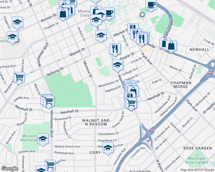 map of restaurants, bars, coffee shops, grocery stores, and more near 1235 Manchester Drive in Santa Clara