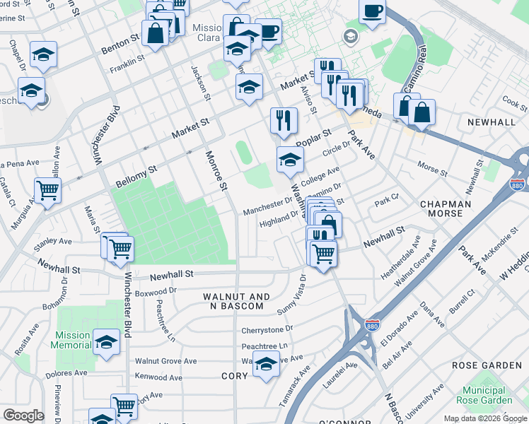 map of restaurants, bars, coffee shops, grocery stores, and more near 1235 Manchester Drive in Santa Clara