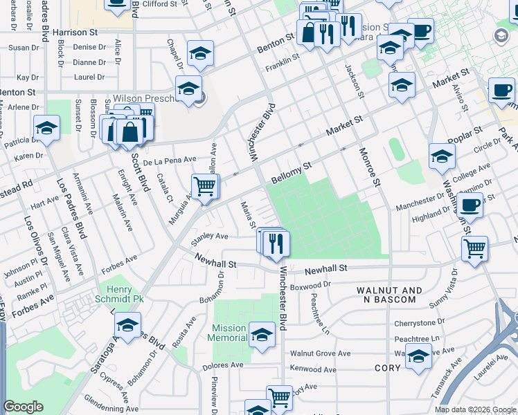 map of restaurants, bars, coffee shops, grocery stores, and more near 1806 Henning Place in Santa Clara