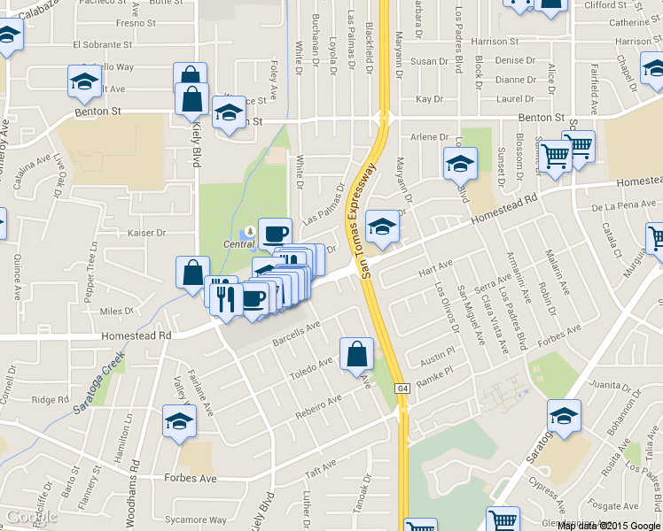 map of restaurants, bars, coffee shops, grocery stores, and more near 2560 Dixon Drive in Santa Clara