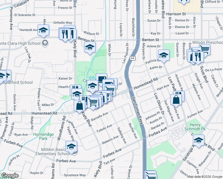 map of restaurants, bars, coffee shops, grocery stores, and more near 2595 Dixon Drive in Santa Clara