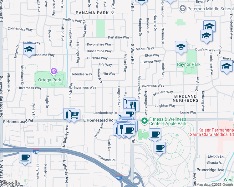 map of restaurants, bars, coffee shops, grocery stores, and more near 1608 Longspur Avenue in Sunnyvale
