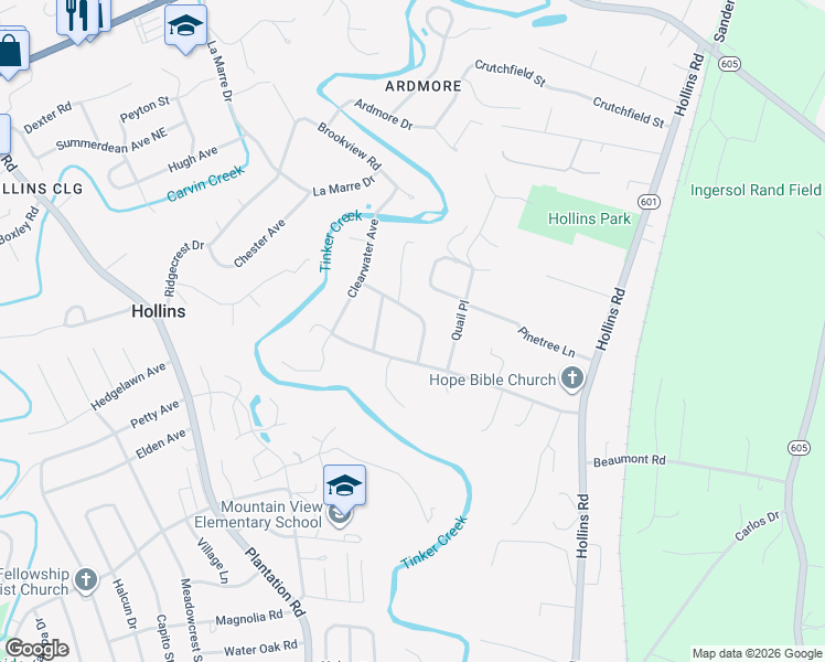 map of restaurants, bars, coffee shops, grocery stores, and more near 6804 Stonington Road in Roanoke