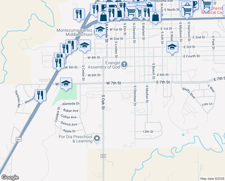 map of restaurants, bars, coffee shops, grocery stores, and more near Juniper Place in Cortez