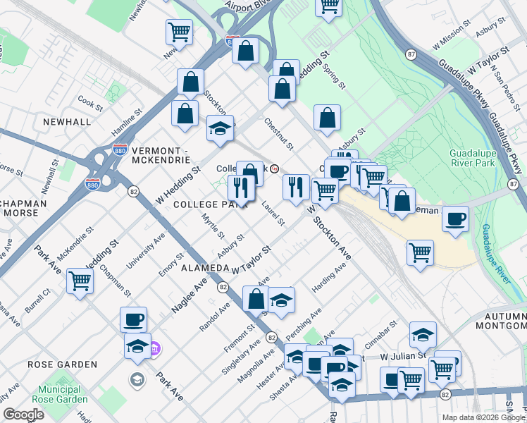 map of restaurants, bars, coffee shops, grocery stores, and more near 752 Laurel Street in San Jose