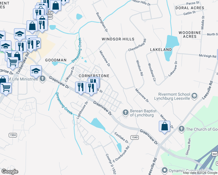 map of restaurants, bars, coffee shops, grocery stores, and more near 226 Colonnade Street in Lynchburg