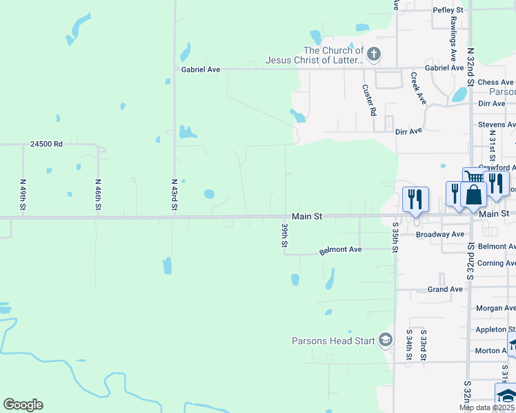 map of restaurants, bars, coffee shops, grocery stores, and more near 3909 Main Street in Parsons