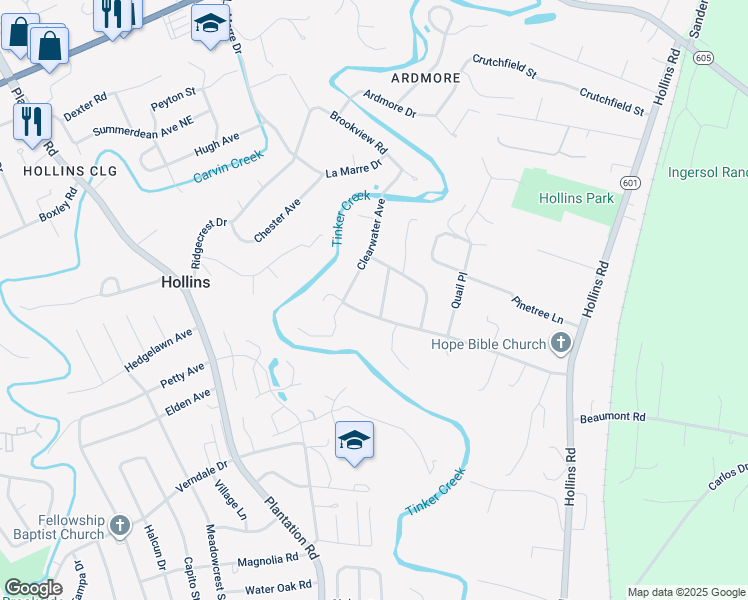 map of restaurants, bars, coffee shops, grocery stores, and more near 714 Goodland Avenue in Hollins