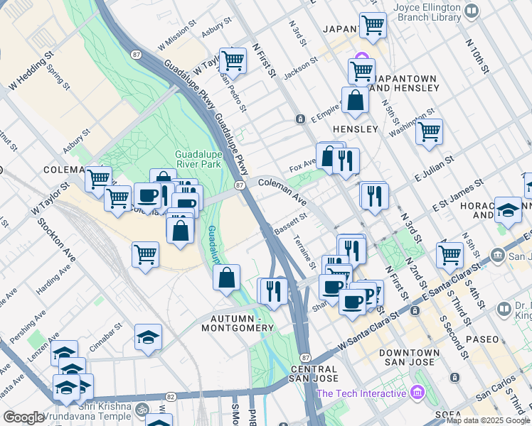 map of restaurants, bars, coffee shops, grocery stores, and more near 190 Ryland Street in San Jose