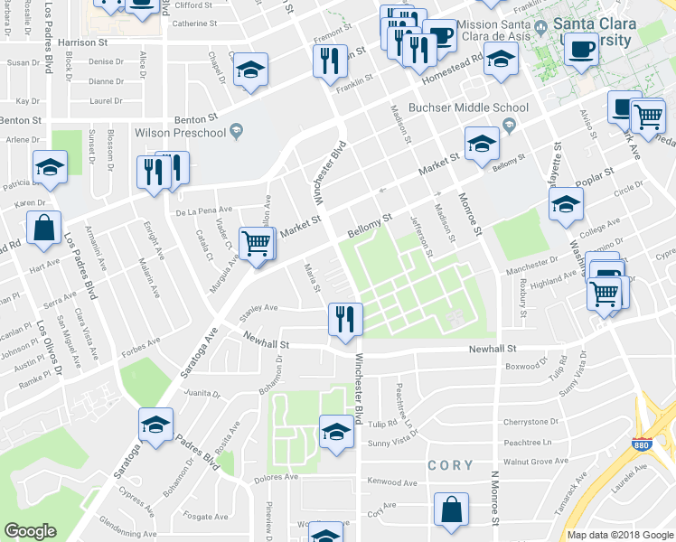 map of restaurants, bars, coffee shops, grocery stores, and more near 480 North Winchester Boulevard in Santa Clara