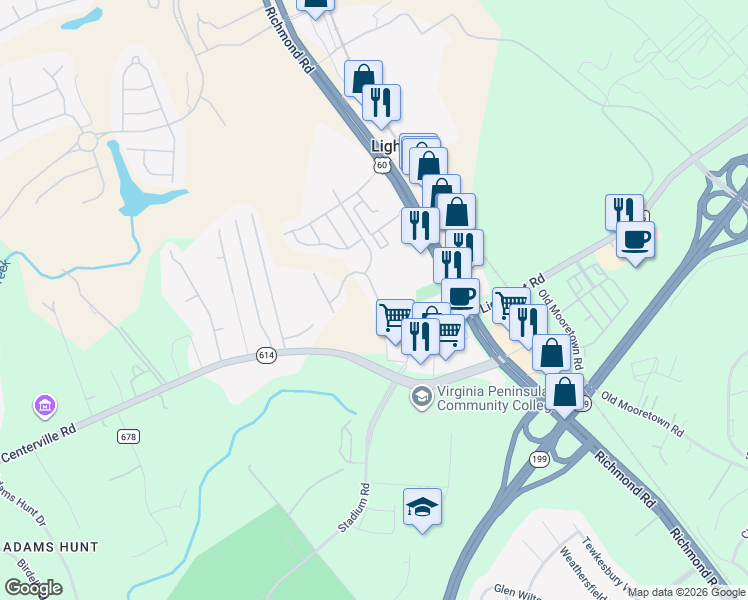 map of restaurants, bars, coffee shops, grocery stores, and more near 4635 Minutemen Way in Williamsburg