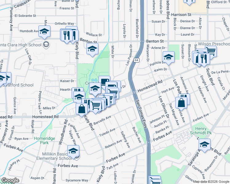map of restaurants, bars, coffee shops, grocery stores, and more near 2595 Dixon Drive in Santa Clara