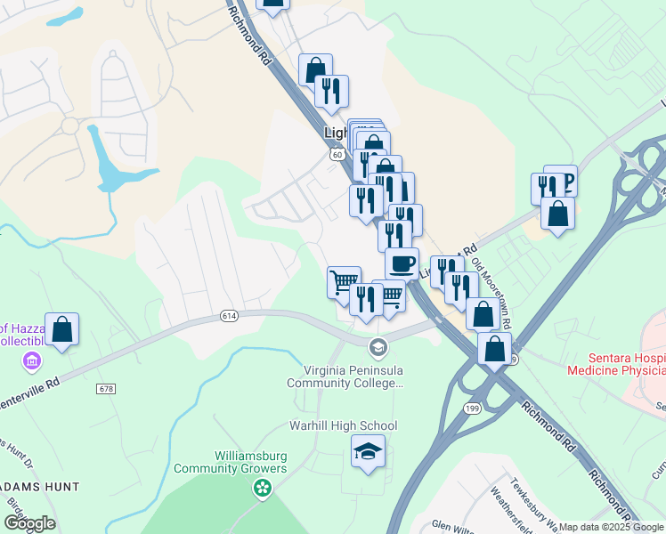 map of restaurants, bars, coffee shops, grocery stores, and more near 4651 Minutemen Way in Williamsburg