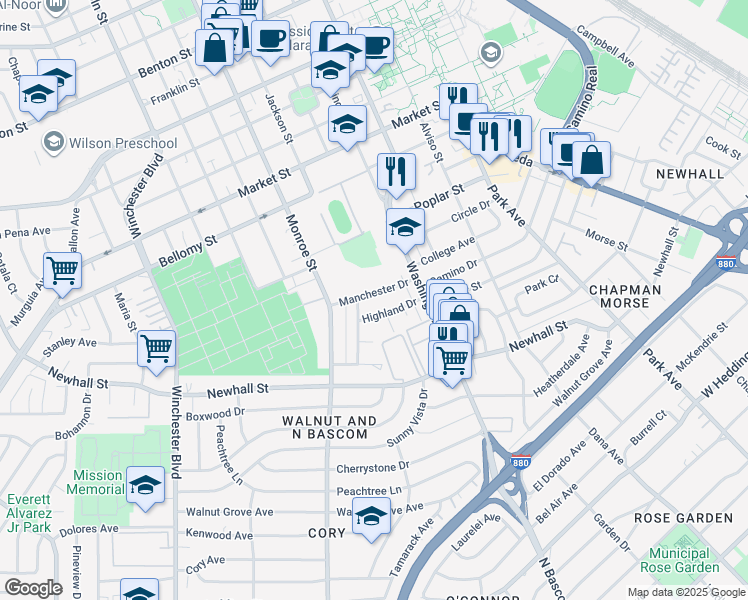 map of restaurants, bars, coffee shops, grocery stores, and more near 1106 Manchester Drive in Santa Clara