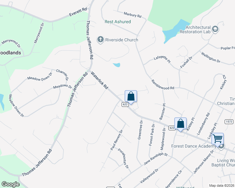 map of restaurants, bars, coffee shops, grocery stores, and more near 5281 Waterlick Road in Forest