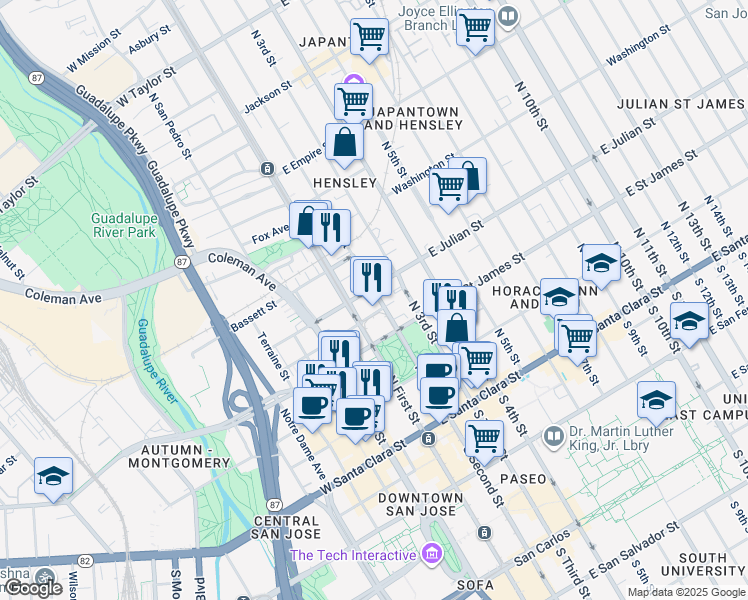 map of restaurants, bars, coffee shops, grocery stores, and more near 30 East Julian Street in San Jose