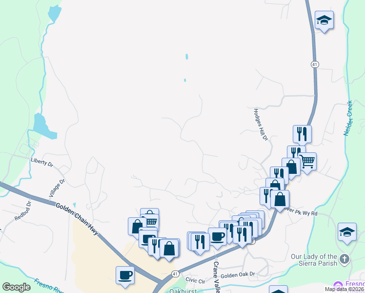 map of restaurants, bars, coffee shops, grocery stores, and more near 41094 Road 425A in Oakhurst