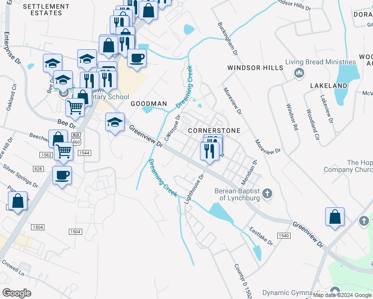 map of restaurants, bars, coffee shops, grocery stores, and more near 112 Capital Street in Lynchburg