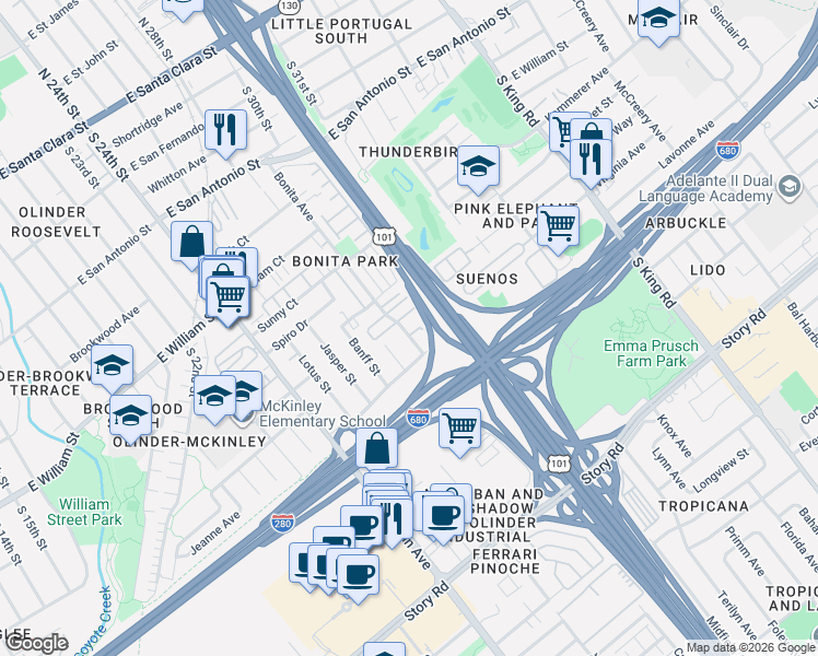map of restaurants, bars, coffee shops, grocery stores, and more near 661 Bonita Avenue in San Jose