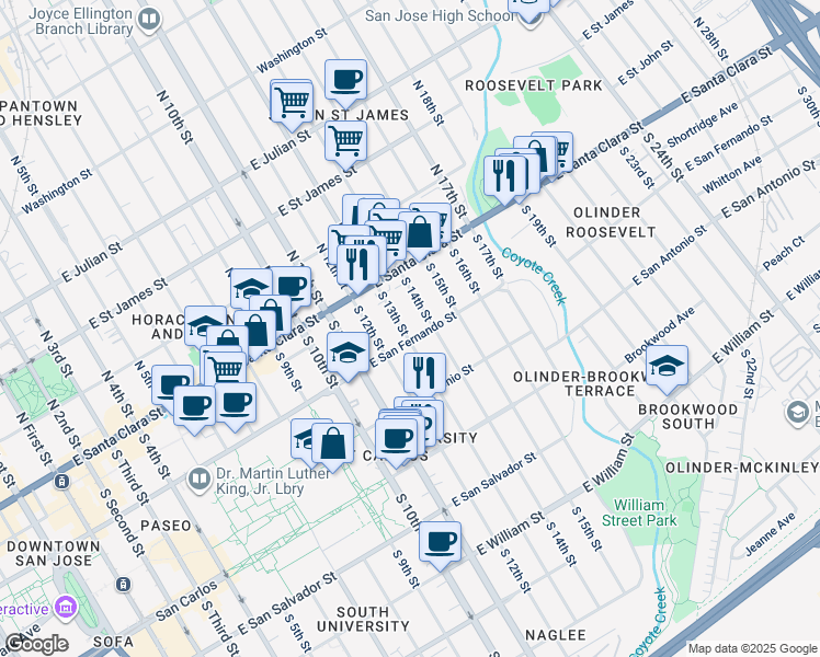 map of restaurants, bars, coffee shops, grocery stores, and more near 75 South 14th Street in San Jose