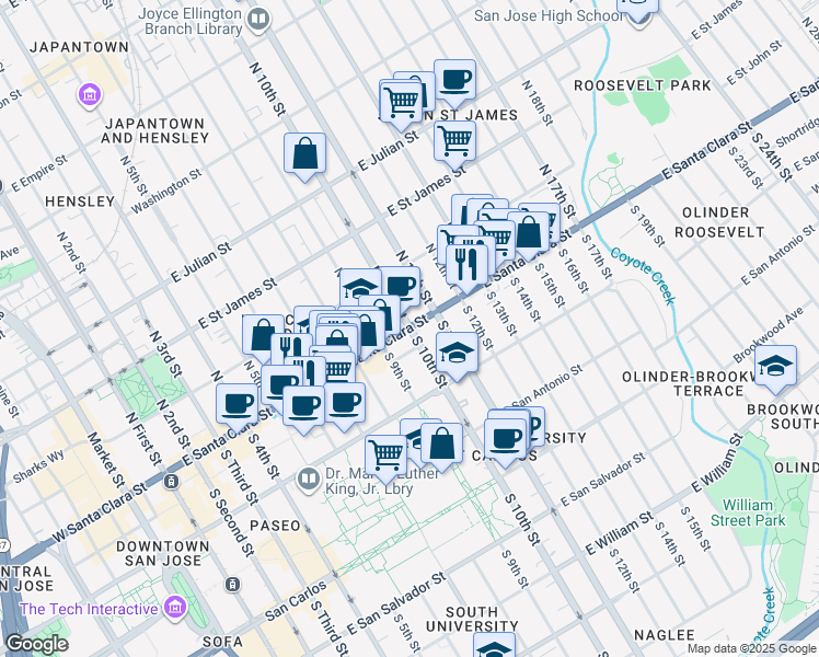 map of restaurants, bars, coffee shops, grocery stores, and more near South 10th Street & East Santa Clara Street in San Jose