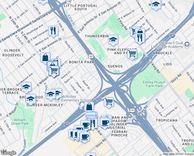 map of restaurants, bars, coffee shops, grocery stores, and more near 661 Bonita Avenue in San Jose