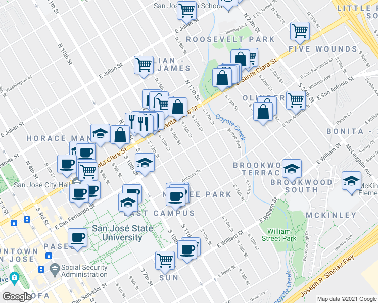 map of restaurants, bars, coffee shops, grocery stores, and more near 105 South 15th Street in San Jose