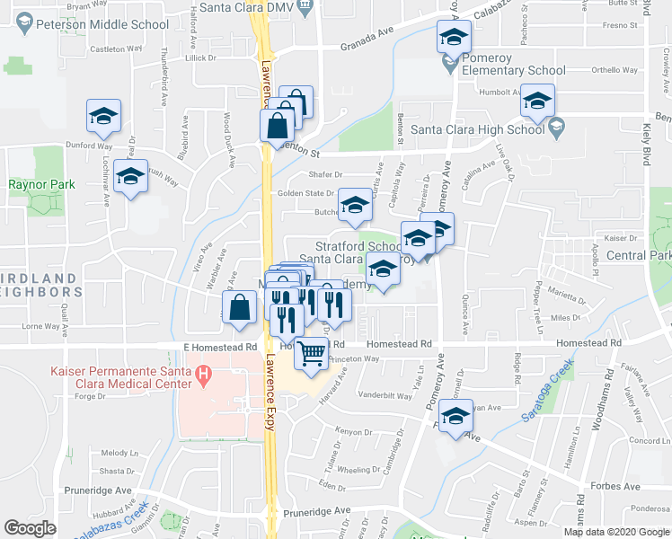 map of restaurants, bars, coffee shops, grocery stores, and more near 3450 Brookdale Drive in Santa Clara
