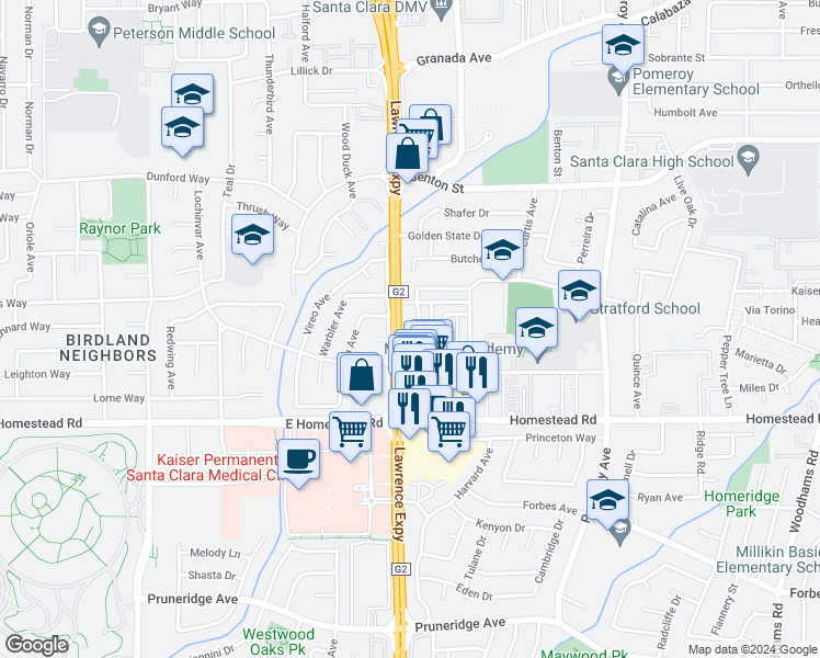 map of restaurants, bars, coffee shops, grocery stores, and more near 884 Burbank Drive in Santa Clara