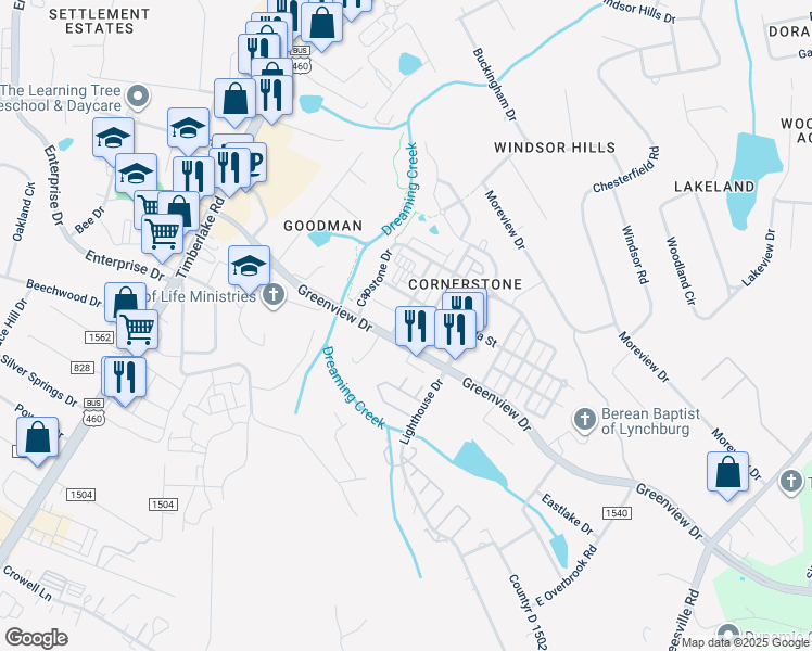 map of restaurants, bars, coffee shops, grocery stores, and more near 118 Capital Street in Lynchburg