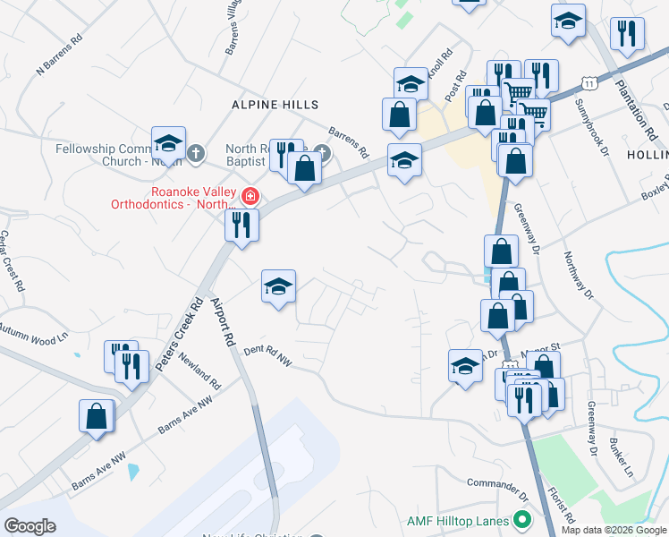map of restaurants, bars, coffee shops, grocery stores, and more near 6509 Carefree Lane in Hollins