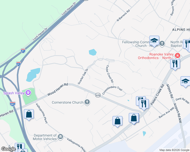 map of restaurants, bars, coffee shops, grocery stores, and more near 6936 Scotch Pine Lane in Hollins