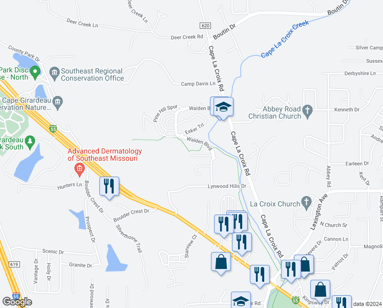 map of restaurants, bars, coffee shops, grocery stores, and more near 2832 Walden Boulevard in Cape Girardeau