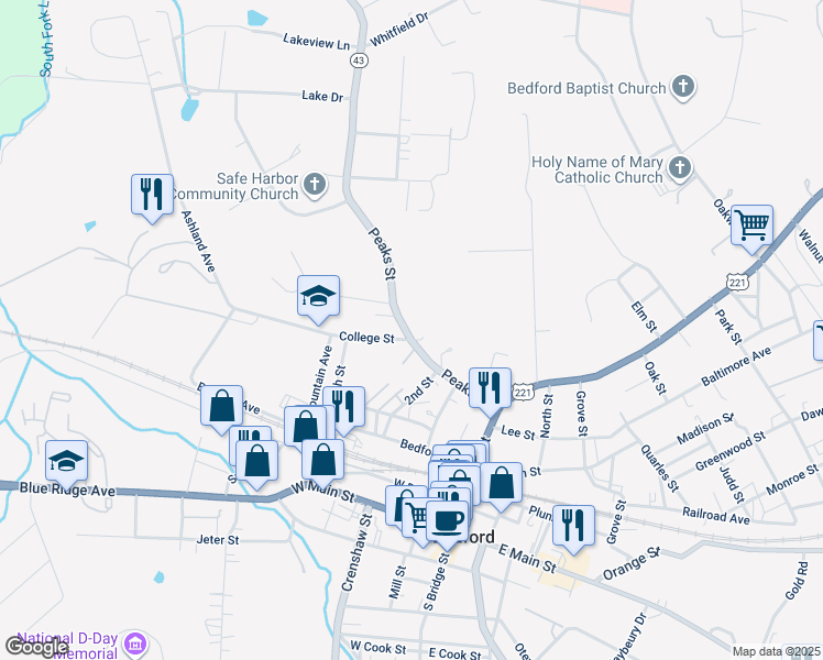 map of restaurants, bars, coffee shops, grocery stores, and more near 704 Peaks Street in Bedford