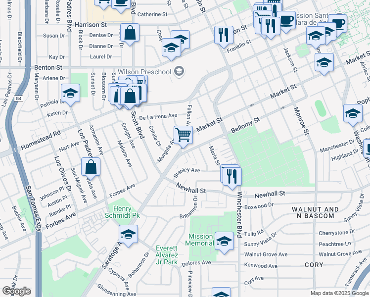 map of restaurants, bars, coffee shops, grocery stores, and more near 1957 Bellomy Street in Santa Clara